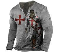 kewing T-Shirt imprimé 3D des Chevaliers Templiers pour Hommes à Manches Longues Chemise Henley en détresse Chemise boutonnée col en V T-Shirts rétro Moto Hauts