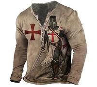 kewing T-Shirt imprimé 3D des Chevaliers Templiers pour Hommes à Manches Longues Chemise Henley en détresse Chemise boutonnée col en V T-Shirts rétro Moto Hauts