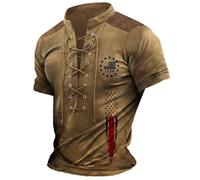 kewing T-Shirt Vintage pour Hommes Chemises Henley à col en V avec laçage et col Montant T-Shirt à Manches Courtes imprimé du Drapeau américain Top d'été décontracté