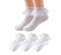 KEWUF 3 Paire bapteme fille, mixte enfant Romantic Lace chaussettes respirantes coton fines élégantes avec bords volants idéales pour occasions spéciales et communion(5-7 ans)