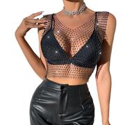 KEWUF Paillettes Visible Sexy en Résille à Manche Haut en Maille avec Strass Scintillant Haut de Danse Jazz Latine Cache-épaules Blouse à Sequin Tenue de Night Bar Plage, Col en V, Diamant bleu(S)