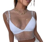 KEWUF Paillettes Visible Sexy en Résille à Manche Haut en Maille avec Strass Scintillant Haut de Danse Jazz Latine Cache-épaules Blouse à Sequin Tenue de Night Club Bar Plage, Col rond, Blanc(S)