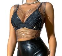 KEWUF Paillettes Visible Sexy en Résille à Manche Haut en Maille avec Strass Scintillant Haut de Danse Jazz Latine Cache-épaules Blouse à Sequin Tenue de Night Club Bar Plage, Col en V - Noir (S)