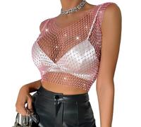KEWUF Paillettes Visible Sexy en Résille à Manche Haut en Maille avec Strass Scintillant Haut de Danse Jazz Latine Cache-épaules Blouse à Sequin Tenue de Night Club Bar Plage, Col en V- Rose (S)