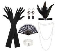 KEWUZY Accessoire Année 20 Femme 6 Pièces, Accessoires Gatsby Costume Set, Charleston Accessoires Femme, 1920 Accessoires Set avec Ventilateur Manuel pour Mascarade Halloween Noël Carnaval