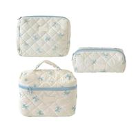KEXIAO Lot de 3 trousses de maquillage matelassées pour femmes et filles avec nœuds décoratifs, pochettes de rangement pour voyage et usage quotidien, Beige et bleu, 23x7x20cm