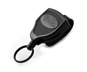 KEY-BAK SUPER48 Porte-clés rétractable, étui en polycarbonate durable, boucle de ceinture en cuir et anneau fendu surdimensionné, noir