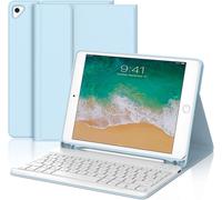Keyboard Case for iPad 6/5 EME Generation/Pro 9.7/Air 2/Air 1 9.7 Inch, AZERTY French Layout Removable Wireless Bluetooth Keyboard Case with Pencil Holder for iPad 9.7 2018, Sky Blue