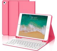 Keyboard Case for iPad 6/5 EME Generation/Pro 9.7/Air 2/Air 1 9.7 Inch, AZERTY French Layout Removable Wireless Bluetooth Keyboard Case with Pencil Holder for iPad 9.7 2018, Dark Pink