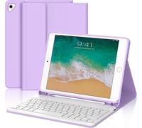 Keyboard Case for iPad 6/5 EME Generation/Pro 9.7/Air 2/Air 1 9.7 Inch, AZERTY French Layout Removable Wireless Bluetooth Keyboard Case with Pencil Holder for iPad 9.7 2018, Light Purple