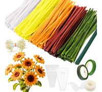 Keyck Fil Chenille Tournesol 400 Pièces Kit Bouquet Cure Pipe Chenille avec Contient Pistil Bâtons Fleurs Verts Rouleaux Ruban Adhésif Bâtons Colle Emballage Bouquet Rubans pour Décorations DIY