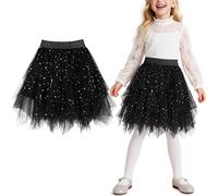 Keyck Filles Jupe Tulle Tutu Paillettes Élégante Midi-Longue 3 Couches A-Line Dance Ballet Jupes Elastique Taille Carnaval Halloween Fête Party Costume pour Filles 11-12 Ans, Noir