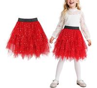 Keyck Filles Jupe Tulle Tutu Paillettes Élégante Midi-Longue 3 Couches A-Line Dance Ballet Jupes Elastique Taille Carnaval Halloween Fête Party Costume pour Filles 9-10 Ans, Rouge