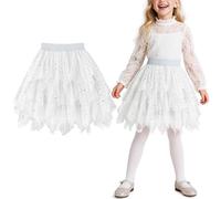 Keyck Filles Jupe Tulle Tutu Paillettes Élégante Midi-Longue 3 Couches A-Line Dance Ballet Jupes Elastique Taille Carnaval Halloween Fête Party Costume pour Filles 6-7 Ans, Blanc