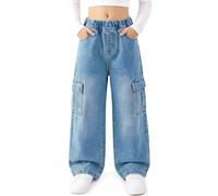 Keyck Jean Baggy pour Filles, Pantalon Cargo Ample Wide Leg Ado Pants avec Taille Élastique Loose Fit Long Denim Jeans avec Multiples Poches Mode Casual Streetwear pour Enfant 9-10 Ans, Bleu Clair