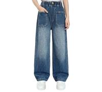 Keyck Jeans Filles Baggy Pantalon Jambes Larges avec Taille Élastique Loose Fit Long Denim Jean avec Poches Stretch Décontracté Pants Casual Mode Streetwear Pant pour Enfants 10-11 Ans, Bleu Foncé