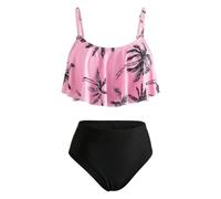Keyck Maillot de Bain 2 Pièces pour Filles, Ensemble Bikini à Volants Débardeur et Short Séchage Rapide Tankini Imprimé Floral Plage Piscine Surf Maillots pour Enfants 9-10 Ans, Rose