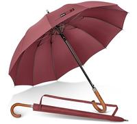 KEYHOT Grand parapluie avec poignée en bois de 140 cm, long ouverture automatique, robuste, 12 baleines pour la pluie avec crochet en J pour adulte, homme et femme (bordeaux)