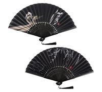 KEYIDO Lot de 2 Eventail Japonais Éventail Tissu Evantail Bambou Bois Evantaille Noir avec Frange Style Chinois Petit Éventails Décoration pour Femme Mariage Été Enfant Fille Homme