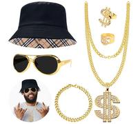 KEYIDO Lot de 6 faux colliers avec chaîne dorée et signe dollar avec anneaux, lunettes de soleil, bob, déguisement, costume de rappeur, années 80 et 90, accessoires Hip Hop pour enfants garçons