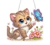 KEYIFA 5D Chaton Mignon Avec Papillons Diamond Painting, DIY Peinture Diamant Pendentif, Loisir Creatif Adulte Pendentif en Strass Ornement Suspendu Double Face Pour La Décoration de La Maison