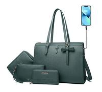 Keyli Sacoche pour ordinateur portable en cuir avec port de charge USB, pour femme, ensemble 4 pièces, vert