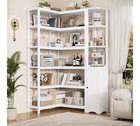 Keyluv Bibliothèque d'angle blanche de 182,9 cm de haut, 2 pièces, grande étagère de rangement à 6 niveaux avec armoire pour la maison, le bureau, le salon, bois et métal