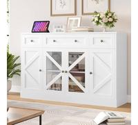 Keyluv Buffet buffet de 140 cm - Grand meuble de rangement à 4 portes et 3 tiroirs - Meuble de rangement en bois pour salle à manger, cuisine, salon - Blanc