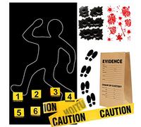 Keymall Lot de 15 décorations de scène de crime avec silhouette de corps, ruban de signalisation, marqueur, sac, empreintes de pas, autocollants pour Halloween, thème CSI, , mystère, dîner,