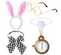 Keymall Lot de 5 accessoires de lapin blanc au pays des merveilles de Pâques - Queue de lapin - Nœud papillon - Lunettes rondes - Accessoires pour Pâques et Halloween (ensemble B)