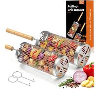 KEYO Panier Gril Roulant- 2 PCS Accessoires BBQ avec Poignée Bois Amovible | Grille à Légumes Gigogne en Acier Inoxydable 304 avec 2 Ouvre-Paniers, Cadeau Surprise pour Hommes, pour les légumes etc.