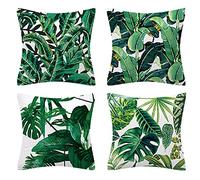 Keyohome Lot de 4 housses de coussin de 45 x 45 cm en coton et lin avec motif feuilles tropicales pour canapé, extérieur, jardin, lit, canapé (une pièce C)