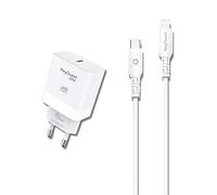 KeyOuest - Kit Chargeur Secteur 20W + Câble USB-C vers Lightning eKOgreen - Câble MFI d’1,20m - Recharge de 0 à 50% en 30 Minutes - 100% Plastique Recyclé Post-Consommation, Certifié - Blanc