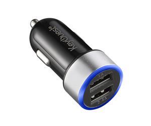 KeyOuest KO014127 Chargeur Auto Universel 2 Ports USB 2.0 (1A/2.4A) Noir/Bleu/Argent - Alimentation Allume-cigare - Dimensions 55x26x26mm, 40g