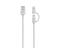 KeyOuest KO016008 : Câble USB 2.0 A vers Micro-USB B/Lightning Mâle/Mâle, Argent, 1,2m, 2.4A, Plug and Play, Blister
