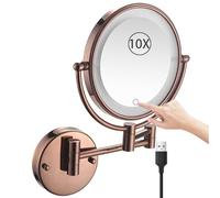 KEYQEEN 8" Miroir de Maquillage Mural éclairé, Miroir grossissant Double Face 1X/10X à Gradation Continue, Miroir de Salle de Bain LED Extensible,Rose Gold,USB Charging