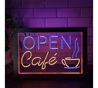 KEYQEEN Café-Restaurant LED enseigne au néon, café Texte décor Double Couleur Cadre Photo Lampe de Table Bureau créatif veilleuses en Bois,Blue Yellow,32x22cm