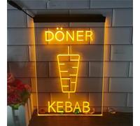 KEYQEEN Doner Kebab Enseigne au néon LED, néons 3D pour Restaurant de Magasin de Kebab pour la décoration Murale, Panneau Lumineux alimenté par USB,Jaune,40x30cm