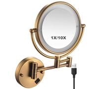 KEYQEEN Miroir de Maquillage éclairé Mural Rechargeable, Miroir de courtoisie grossissant à LED Double Face, Miroir de Rasage à Bras étendu pivotant à 360°,Laiton,10X