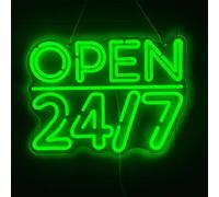KEYQEEN Open 24/7 Enseigne Lumineuse néon LED USB à intensité Variable pour hôtels, boutiques et Bars, décoration Murale pour supérettes et Restaurants,Vert,45x34cm