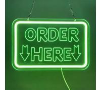 KEYQEEN Order Here Enseigne Lumineuse néon, éclairage LED USB à intensité Variable pour Bar ou Boutique, décoration Murale pour comptoir de Caisse de Restaurant,Vert,50x33cm