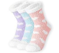 KEYRI 3 Paires Chaussettes Femmes Hiver, Chaussettes Chaussons Épaisses Corail Polaire Hiver Chaussettes Maison Chaussettes Thermiques Chaussettes pour Filles Homme Dormir (Violet, Rose, Bleu)