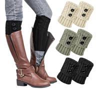 KEYRI 3 Paires Guêtres Femme, Bouton Crochet Jambière Tricotées Guetre Femme Hiver Chaudes Courte Chaussettes Boot Jambières Chaudes pour Ballet Yoga (Noir+Gris+Beige, Taille Unique)