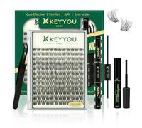 Keyyoulash KY02 Kit d'extensions de cils, 144 touffes de cils 8-18 mm, adhésif double (Bond & Seal), démaquillant et applicateur, idéal pour des extensions de cils à faire soi-même