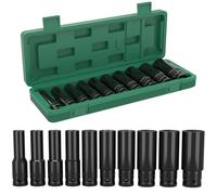 KeZaara Lot de 10 douilles à percussion 1/2" - Jeu de douilles à choc 1/2" - Jeu de douilles longues 10-24 mm - Avec coffret en plastique - Pour réparation automobile et changement de pneus
