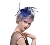 KFGISD, Coiffe de plumes bibi, chapeau en fil, bandeau, couvre-chef de mariée, chapeau de cocktail, couvre-chef de fête de thé,Barrette à fleurs en plumes(Navy Blue)