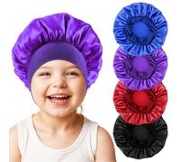 KFHENSOMR Bonnets pour enfants pour filles à dormir, lot de 4 bonnets en satin de soie avec bande large élastique pour cheveux bouclés naturels, bonnet de nuit en soie pour garçons (Bleu, Rouge, Noir