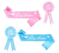 KFHENSOMR Lot de 4 accessoires pour grande sœur comprenant une écharpe en satin et une broche en alliage pour future sœur, cadeau pour fête prénatale, fête d'annonce rose et bleu