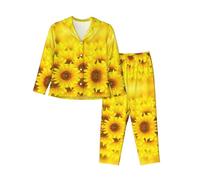 Kfjghhl Ensemble de pyjama jaune tournesol pour femme - 2 pièces - Haut à manches longues - Pantalon à carreaux - Poches, Noir , XL
