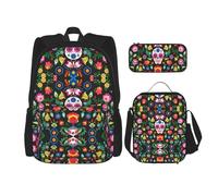 Kfjghhl Sugar Horror Trousse à crayons Motif tête de mort et fleurs Sac à dos Sac à déjeuner pour garçons filles Sac d'école Sac à dos pour ordinateur portable étudiant Été